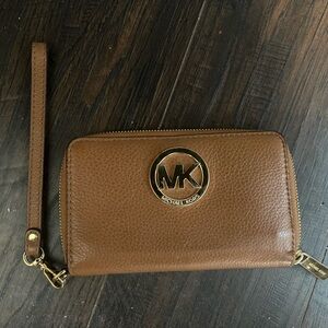Michael Kors Tan Leather Wristlet with Gold Logo